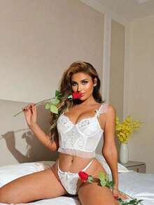 Women's Lace Sheer Corset Bustier Top Floral Embroidered Ruffle Trim Sexy Lingerie - 白色 - 查看 5