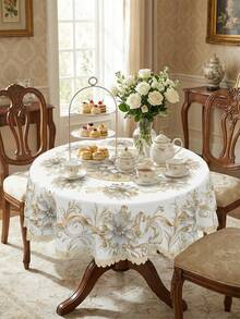 1 Piece Delicate White Gold Floral Scroll & Lace Trim Round Tablecloth, Versatile Traditional Glam Polyester Waterproof Stain Resistant Table Linen, Oil Proof Wrinkle Free Reliable Table Cover, Great For All Occasions, Housewarming Gifts, Wedding Receptions, Year-Round Kitchen & Dining Decor, Must-Have Home & Party Accessory - Multicolor - View 11