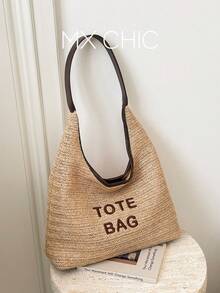 1个女士草编单肩包，时尚刺绣字母新月图案，适合通勤、购物和度假 - 彩色 - 查看 1