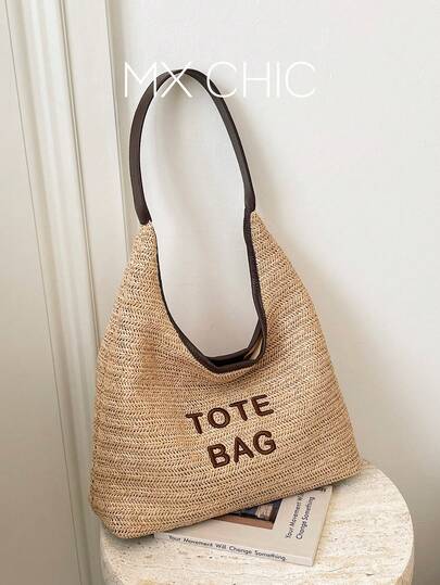 1pc Women's Straw Shoulder Bag, Fashionable Embroidered Letter Crescent Design, Suitable For Commuting, Shopping, And Vacation