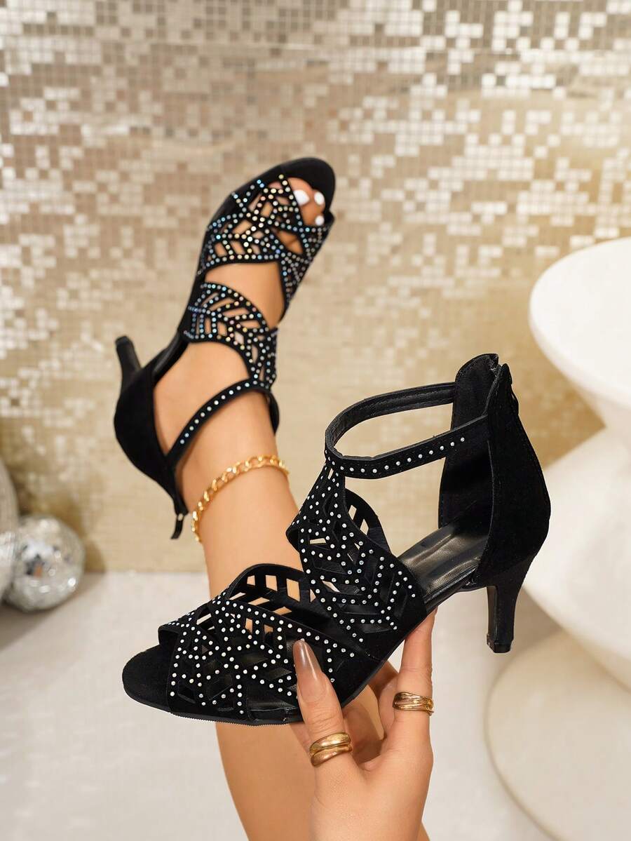 女士水钻镂空鱼嘴凉鞋，黑色绒面革中跟细高跟凉鞋，优雅猫跟派对晚宴鞋，夏季露趾踝带拉链高跟鞋 - 黑色 - 查看 1