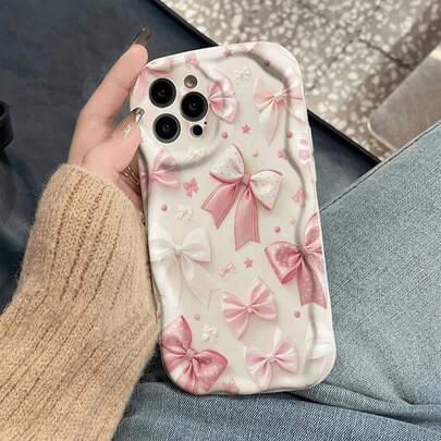 蝴蝶结图案印花平纹奶油色波浪边极简防震加厚手机保护壳，适用于 17/17 Pro/17 Pro Max、16 XR/7/8、15 Pro Max、12 Pro Max、13 Pro Max、14 Pro Max、13、14、11、12P、14、P11软壳、P12防摔、XS/XR/78P/78GES2，也适用于A134G、A22、A21S、A514G、A52、S22 Ultra、A335G、A34、A35，以及Redmi 10、Note 11 4G、11 Lite、A53 TPU、A14/A23/S23 Ultra、S24、A14、A15、S23、A73、A55、A54等机型。