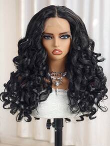Peruca Ondulada Profunda de 20 Polegadas, Peruca de Renda T-Part 13*5*1 com Cabelo de Bebê, Fibra Japonesa, Tela Elástica, Cor Preta para Uso Diário, Reuniões Familiares, Festivais, Festas, Mulheres - Preto - Visão 2