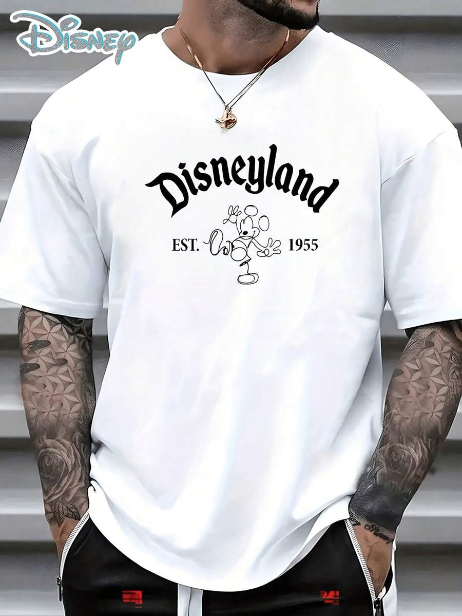 Disney License T Shirts, Men's Oversized Casual Crew Neck Vintage Disneyland Est.1955 Mickey Mouse Line Art Cartoon Print Short Sleeve T-Shirt, Retro Disney Iconic Character Graphic Tee For Summer Streetwear Daily Wear,Men Clothes,Summer Clothes,White Shirt,Father's Day Clothing,Vintage T Shirts,Graphic T Shirts,100 Percent Cotton,Graphic Tee,Graphic Tees,Funny Graphic Tees,Graphic T, Gifts For Family And Friends - 白色 - 查看 1