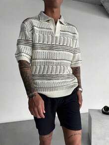Men's Hollow Out Semi-Sheer Striped Knit Short Sleeve Polo Shirt, Comfortable Breathable Lightweight Knit Top For Casual Wear, Suitable For Vacation And Valentine's Day - 彩色 - 查看 13