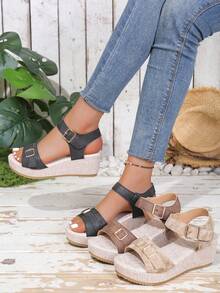 Giày sandal đế xuồng cho thanh thiếu niên, sandal cao gót hở mũi, sandal thường ngày đa năng cho kỳ nghỉ. - màu đen - Xem 3