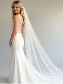 标志性柔软长款薄纱头纱，单层设计，边缘简洁利落，简约新娘头纱，配有金属发梳，适用于民事婚礼、教堂婚礼、情人节礼物、婚礼季 - 彩色 - 查看 3