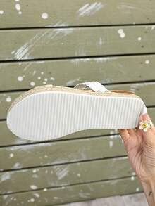 White Woven Double-Strap Thick-Soled Slide Sandals For Women, Summer Straw Platform Wedge Slippers - 白色 - 查看 7