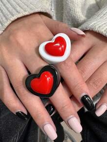 2pcs/Set Cute Black, White & Red Heart Resin Rings, Minimalist Sweet Romantic Ring Set, Suitable For Daily & Holiday Wear - Multicolor - View 9