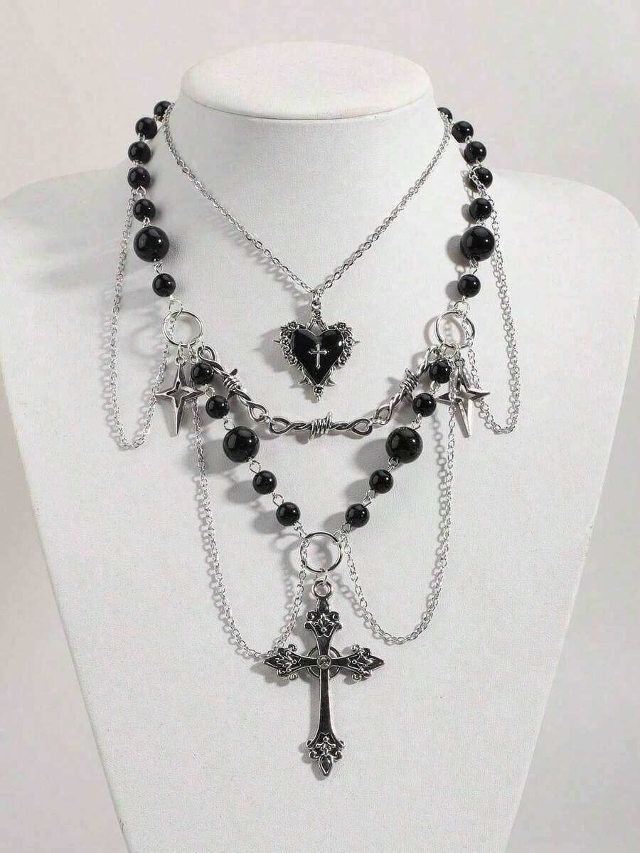 2pcs Gothic Layered Cross Necklace, Faux Pearl Tassel Choker Necklace, Rose Thorn Cross Pendant Punk Layered Sweater Chain Necklace Set For Women - 黑色 - 查看 1