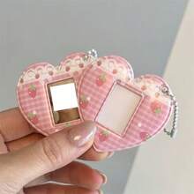 Móc khóa đựng thẻ ảnh hình trái tim dâu tây dễ thương 1 inch, họa tiết kẻ caro hồng Kawaii, dùng để đựng thẻ ID mini và mặt dây chuyền. - Màu sắc - Xem 4