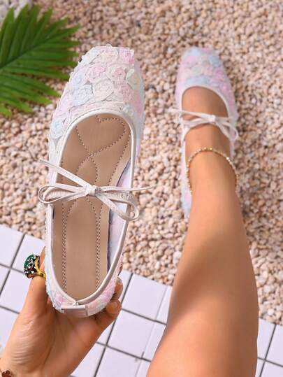 Fairy Style Rose Low Heel Mary Jane Flats, Bow Lace Low Vamp Flat Shoes For Spring/Summer