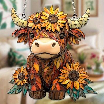 1pc 2D Acrylic Decoration, Highland Cow & Sunflower Garden Sun Catcher, Acrylic Painted Glass Home Decor, Suitable For Indoor/Outdoor Windows And Porch, Garden Decor, Nature Lover Gift