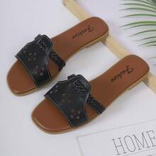 女士镂空平底凉鞋，编织带套脚拖鞋，时尚优雅女士凉鞋，夏季休闲露趾鞋 - 黑色 - 查看 16