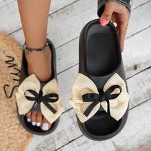 2026春夏新款女士塑料拖鞋，蝴蝶结仙女褶皱时尚露趾休闲沙滩凉鞋 - 黑色 - 查看 1