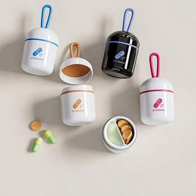 1 علبة أدوية محمولة صغيرة ذات حجرتين - تصميم محكم الإغلاق، مثالية لحمل الفيتامينات والأدوية أثناء التنقل، باللونين الأبيض والوردي الأحمر والأبيض والرمادي، منظم أقراص شخصي