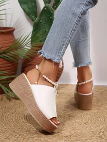Plus Size European And American High Heel Peep-Toe Sandals Women 2026 Thick Bottom Wedge Peep-Toe Strap Buckle Linen Bottom Slippers - White - View 6