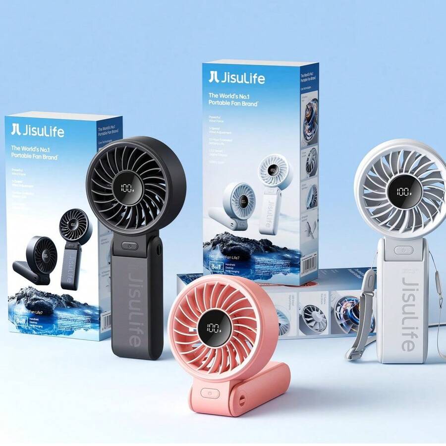 JISULIFE Handheld Fan Life7 – Ultimate Flexibility: High-Power Motor, LED Display, 19.5 Hrs Cooling, 5000mAh Rechargeable, 5-Speed, Foldable Design, 3-IN-1 Portable Fan For Travel Cruise Beach - 手持 - 查看 1