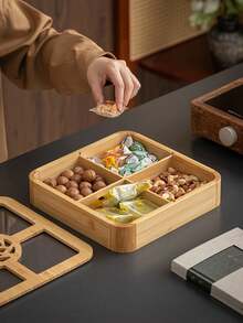 1pc Wooden Tray With Dust Cover, Divided Storage Round Service Platter, Cafe Dessert Tray, Storage Dish, Cake And Snack Plate - Multicolor - View 6