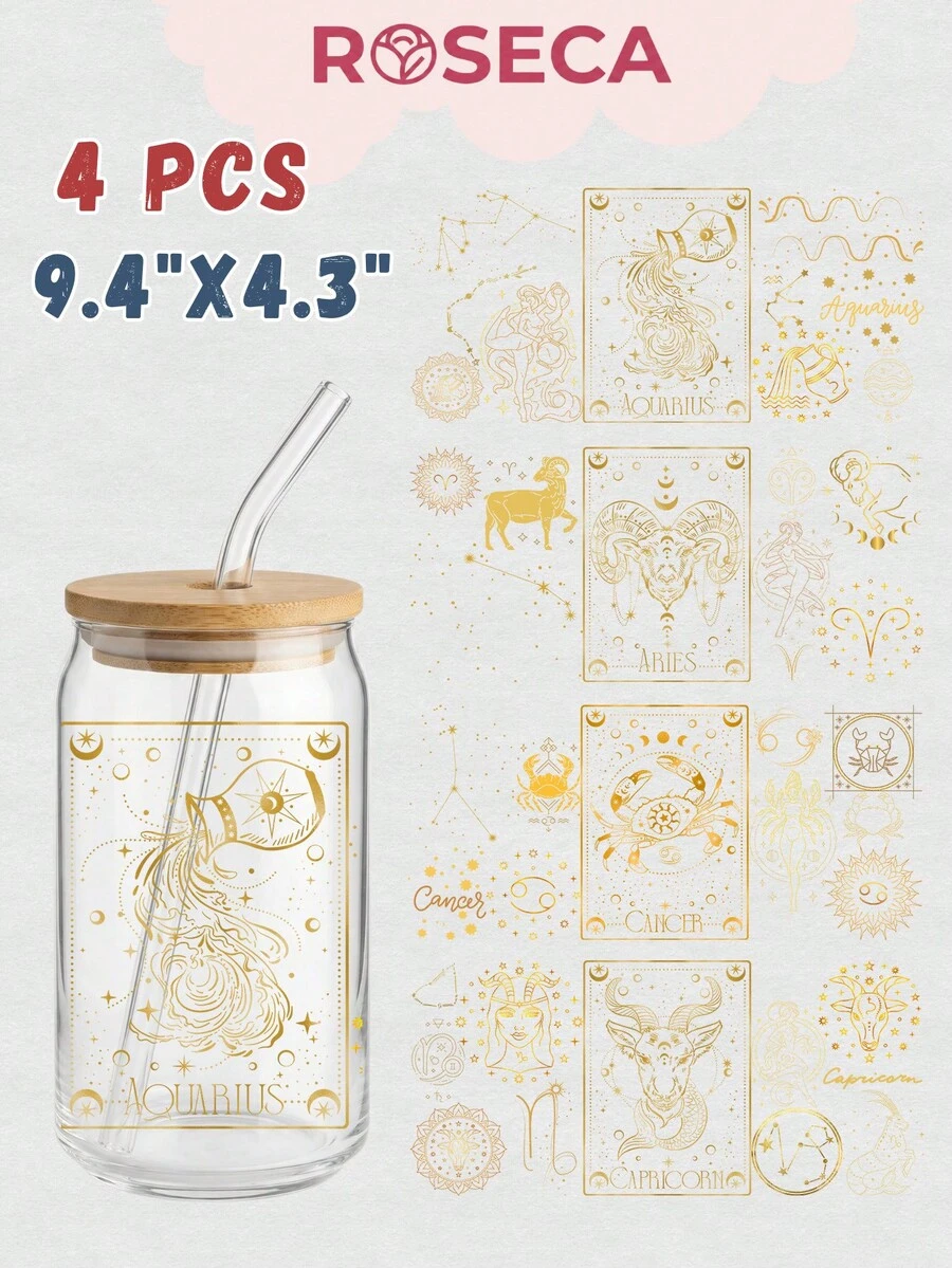 12款十二星座UV DTF转印贴纸，适用于16盎司Libbey玻璃杯（尺寸：9.4x4.3英寸），无需加热，所有星座图案均为金色星空女神占星图，防水可移除贴纸，DIY个性化生日礼物 - Zodiac 03 - 查看 1