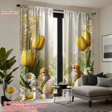 2 piezas Cortinas con estampado de huevos de Pascua con polluelos de tulipán, de tela de pongé de poliéster/plana, semi-transparente, con bolsillo para barra, lavable a máquina, estilo contemporáneo, adecuado para decoración de ventanas de dormitorio - Multicolor - Ver 17