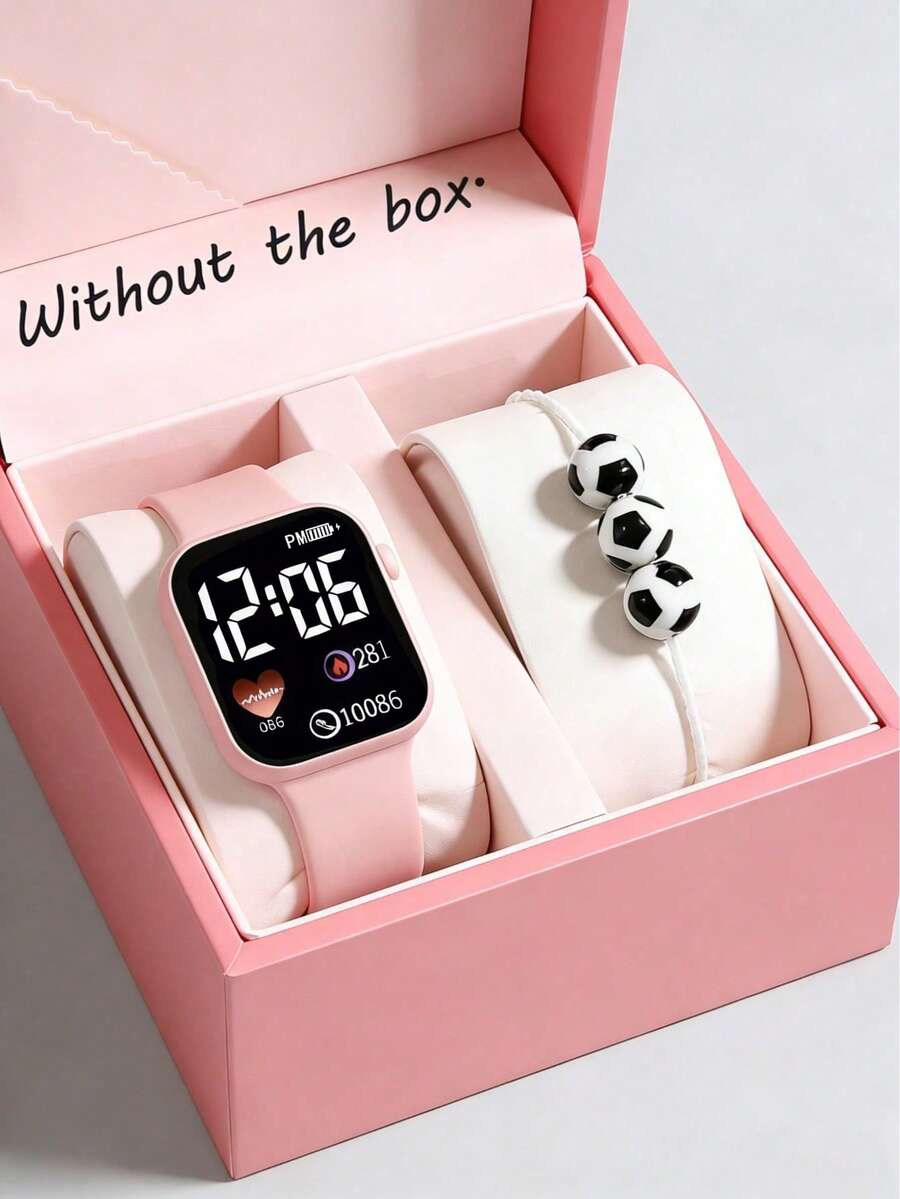2/1 Set, New Fashionable Minimalist Cute Square Digital Display Sports Watch With Heart Decor, Suitable For Both Men And Women. It Comes With A Football Bracelet, Perfect For Wearing To Check The Time During Parties, Gatherings Or Travels. It Is Also An Excellent Choice As A Gift For Mother's Day, World Cup Season, Or For Mothers And Friends During The Back-To-School Season.