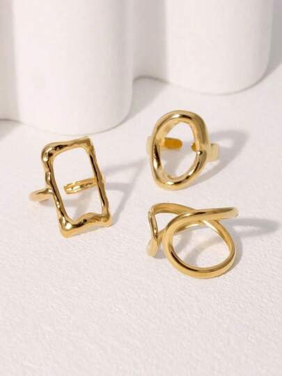 3pcs Stainless Steel 18K Gold Plated Geometric Square & Oval Ring Set, Suitable For Women's Daily Wear