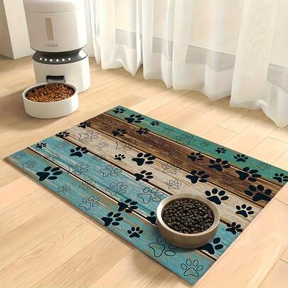 1 Pc, Cute Paw Print Series Pet Feeding Mat, Wood Grain Black Paw Print Dog Feeding Mat, Suitable For Small Animals Such As Cats And Dogs. Water-Absorbing, Stain-Resistant, Easy To Clean. An Ideal Choice For Pet Food And Water Bowl Storage Mats, Home Decor Items, Kitchen Mats, And Pet Supplies For Cats And Dogs.