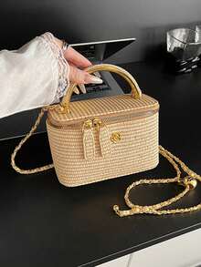 1 chiếc túi đựng cơm trưa bằng rơm đan kiểu dáng tối giản, đa năng, túi đeo vai nhỏ có dây xích, quà tặng theo mùa phổ biến, mùa hè, túi đan. - Màu vàng - Xem 5