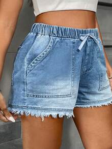 Plus Size Women's Washed Denim Shorts With Drawstring Elastic Waist And Distressed Hem, Suitable For Casual Summer Wear - Light Wash - View 4