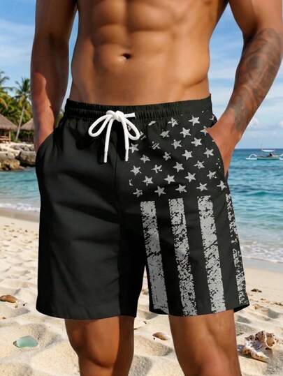 Plus Size Men National Flag Pattern 3D Digital Print Casual Outdoor Loose Drawstring Waist Shorts, Lightweight Single Layer Without Lining