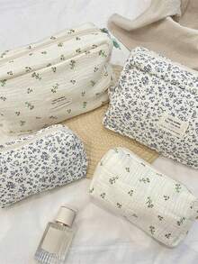 1个蓝色牡丹花卉图案大容量防水化妆包，适合女性日常使用、旅行化妆品收纳、刷具收纳、铅笔盒等。 - 彩色 - 查看 2