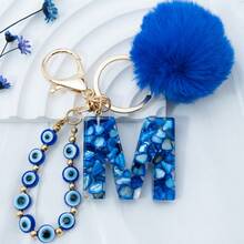 1个波西米亚航海风26字母树脂钥匙扣 - 蓝色和金色字母吊坠，配以海星/贝壳/流苏挂饰，时尚钥匙圈，情侣包/背包/沙滩包挂饰，情人节/生日/派对的理想节日礼物 - 藍色 - 查看 3