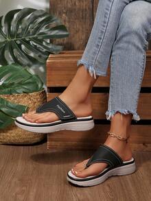 Women's Minimalist Flip Flops, Hook And Loop Strap Casual Slip-On Beach Sandals For Summer - Black - View 3