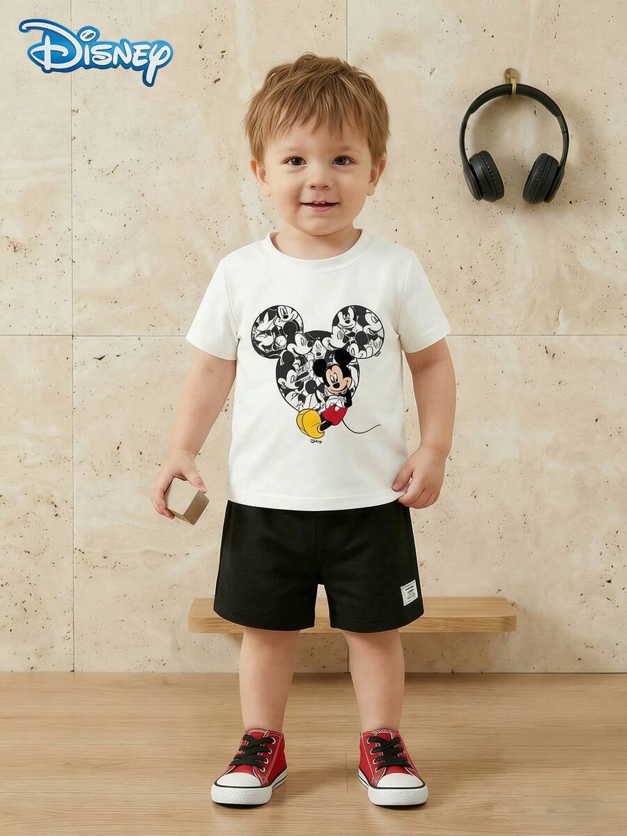 Disney 迪士尼夏季男婴休闲米奇可爱印花短袖T恤短裤套装，卡通图案，弹力面料，适合儿童日常穿着，精美礼物 - 白色 - 查看 1