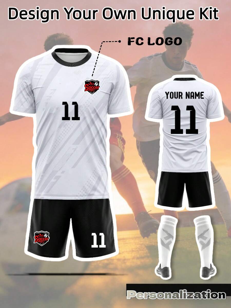 2pcs Set Customized White & Gray Football Jersey Outfit (Top & Shorts) | Customizable Name, Number & Logo | Lightweight Training Suit, Suitable For Spring, Summer, Autumn, Easter Gift Sports - White - View 1