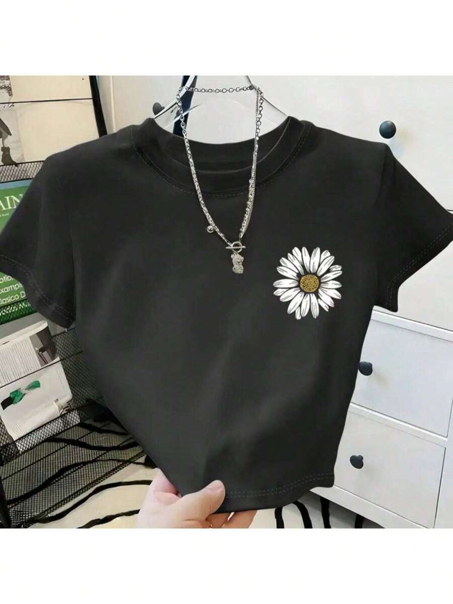 Women's Round Neck Cropped T-Shirt In Cotton Fabric Summer Flower Launch Light And Modern - 黑色 - 查看 1