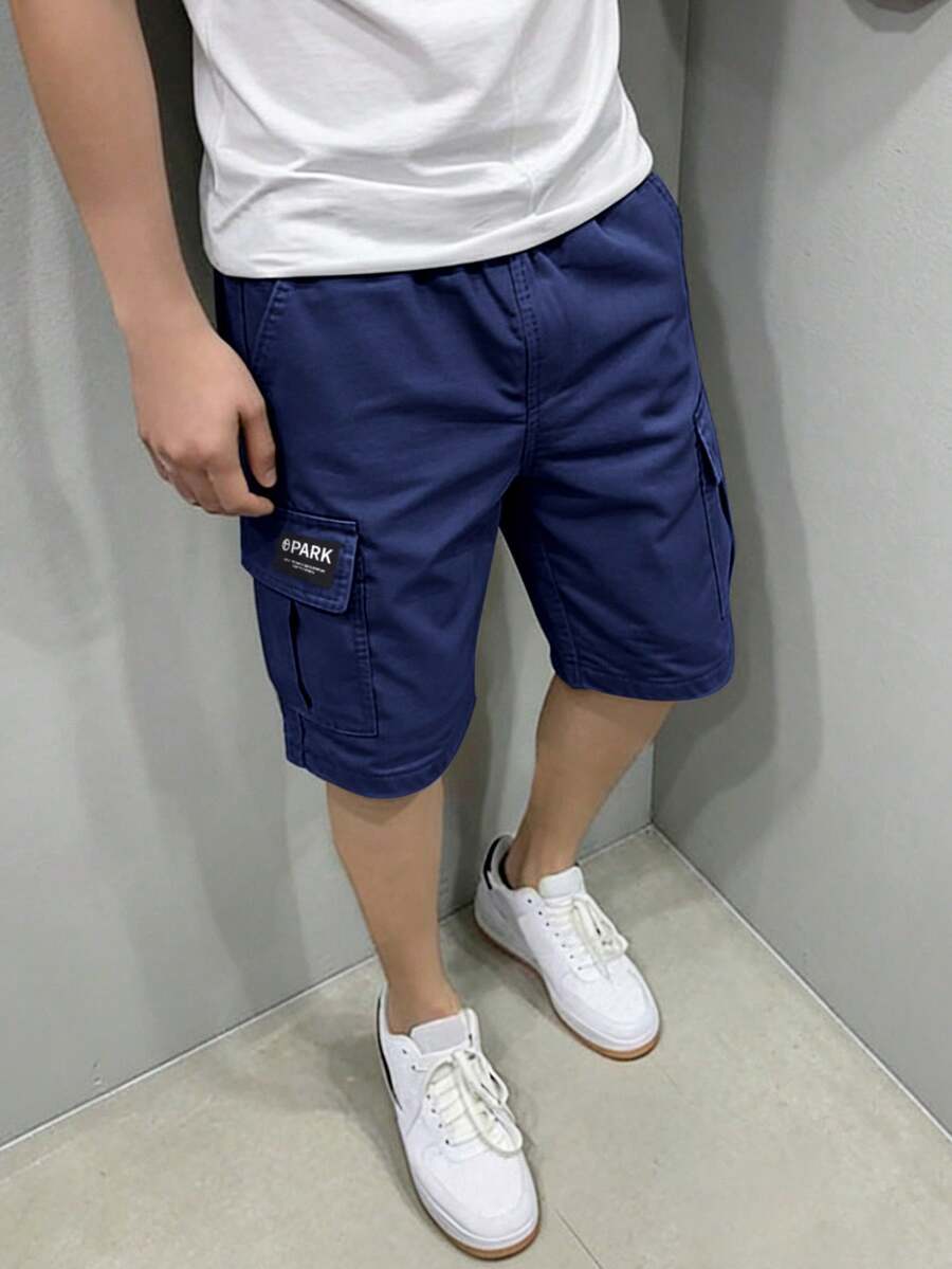 1件装 男童休闲夏季运动户外口袋时尚英文Logo工装短裤,春/秋季 - 藏蓝色 - 查看 1