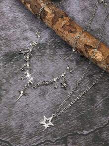 2pcs Rhinestone Star & Cross Tassel Pendant Necklaces, Bling Zirconia Gothic Delicate Y2K Layered Choker Necklaces For Women - 銀色 - 查看 3