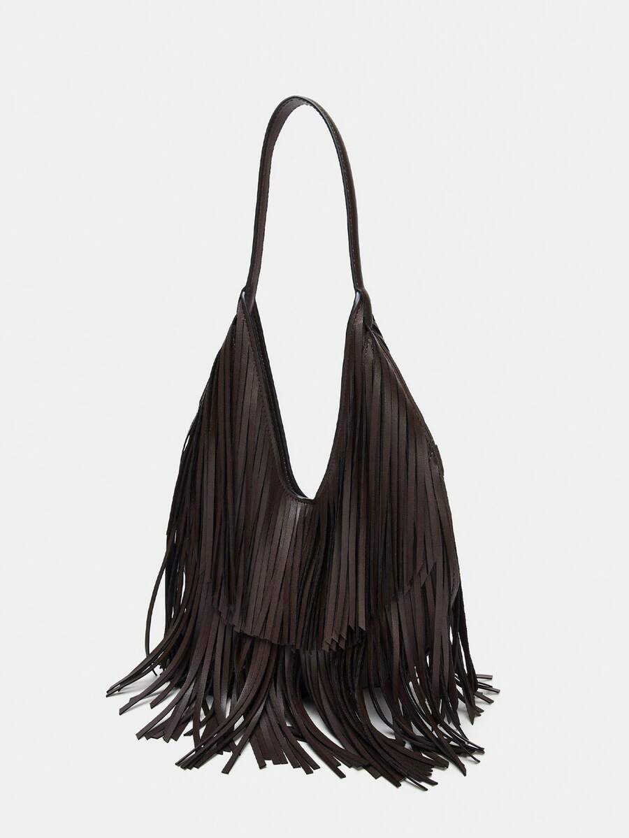 Women's Retro Suede Fringe Shoulder Bag, Vintage Mara Leather Crossbody Handbag - Coffee - View 1