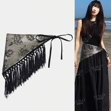 Elegant Triangular Scarf With Wide Waistband For Women, Fashionable  With Rose Print And Tassel Decoration - 暗金三角巾寬腰封 - 查看 1