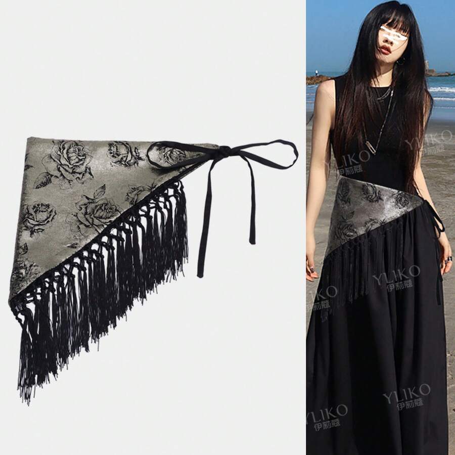 Elegant Triangular Scarf With Wide Waistband For Women, Fashionable  With Rose Print And Tassel Decoration - 暗金三角巾寬腰封 - 查看 1