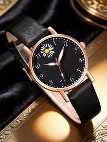 6pcs Fashion Elegant Cute Floral Quartz Watch With Black Heart Accessory Set, PU Leather Strap, Casual Daily, Versatile, Suitable Gift For Friends - Black - View 7
