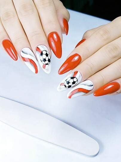 24pcs World Cup Football Pattern Medium Length Wearable Nail Stickers, Red Sweet & Cool Style Square False Nails, Convenient For Daily, Party, Holiday Wear