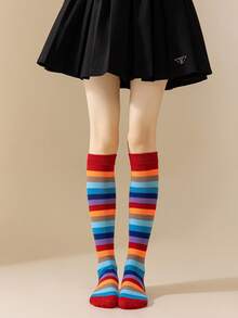 1/3/5 pares/paquete de calcetines de pantorrilla para mujer de colores arcoíris, transpirables y que absorben la humedad, adecuados para usar en primavera y otoño, perfectos para fiestas y reuniones sencillas, e ideales para combinar con atuendos festivos. - Multicolor - Ver 4