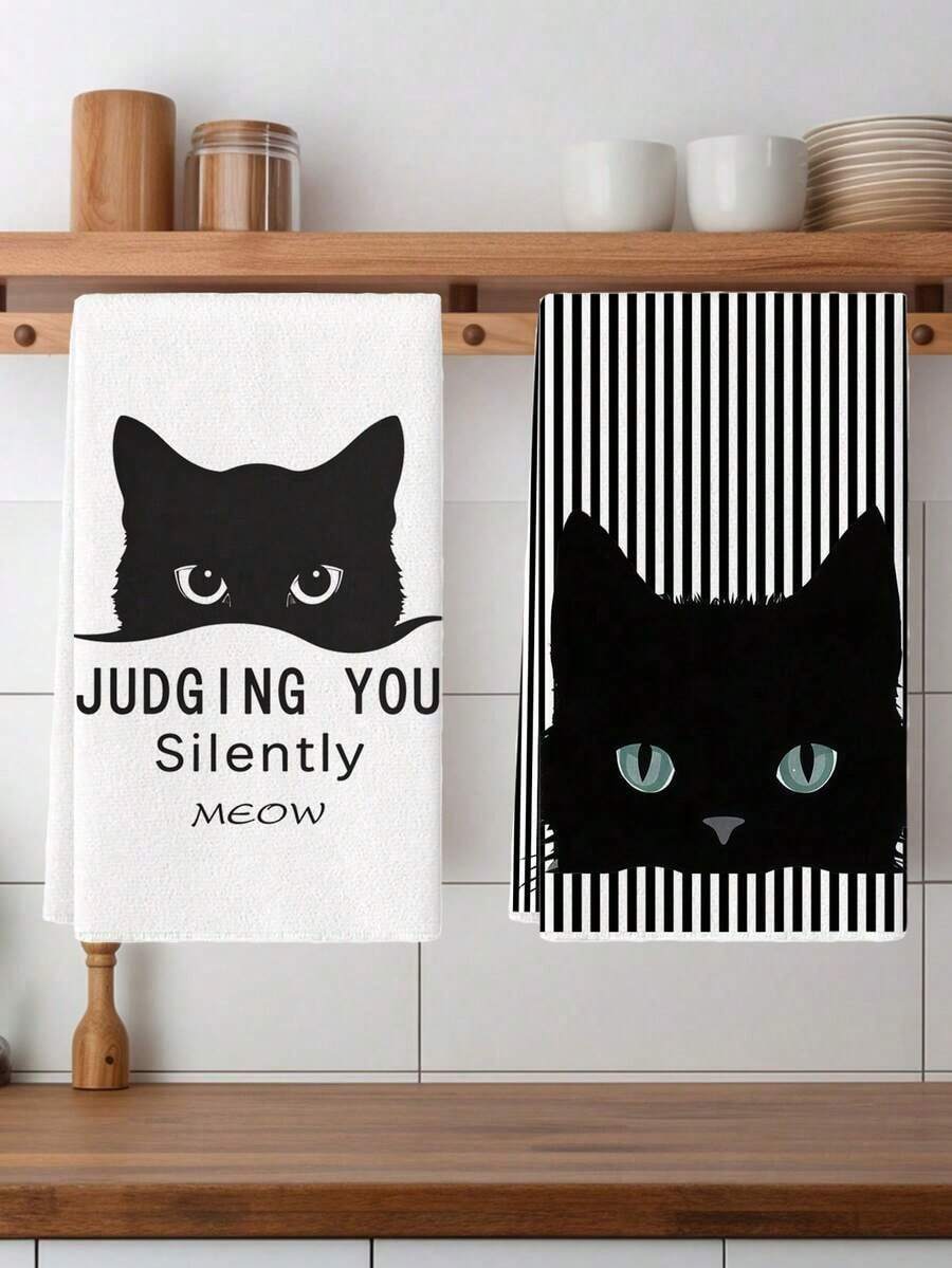2Pcs Cat Kitchen Towels Watercolor Black And White Cat For Cat Lovers With "Silently Judging Your Meow" Design Farmhouse Dish Towels Kitchen Dishwashing Hand Tea Towels Kitchen Drying Dish Towels For Kitchen Dining Room Table - Black and White - View 1