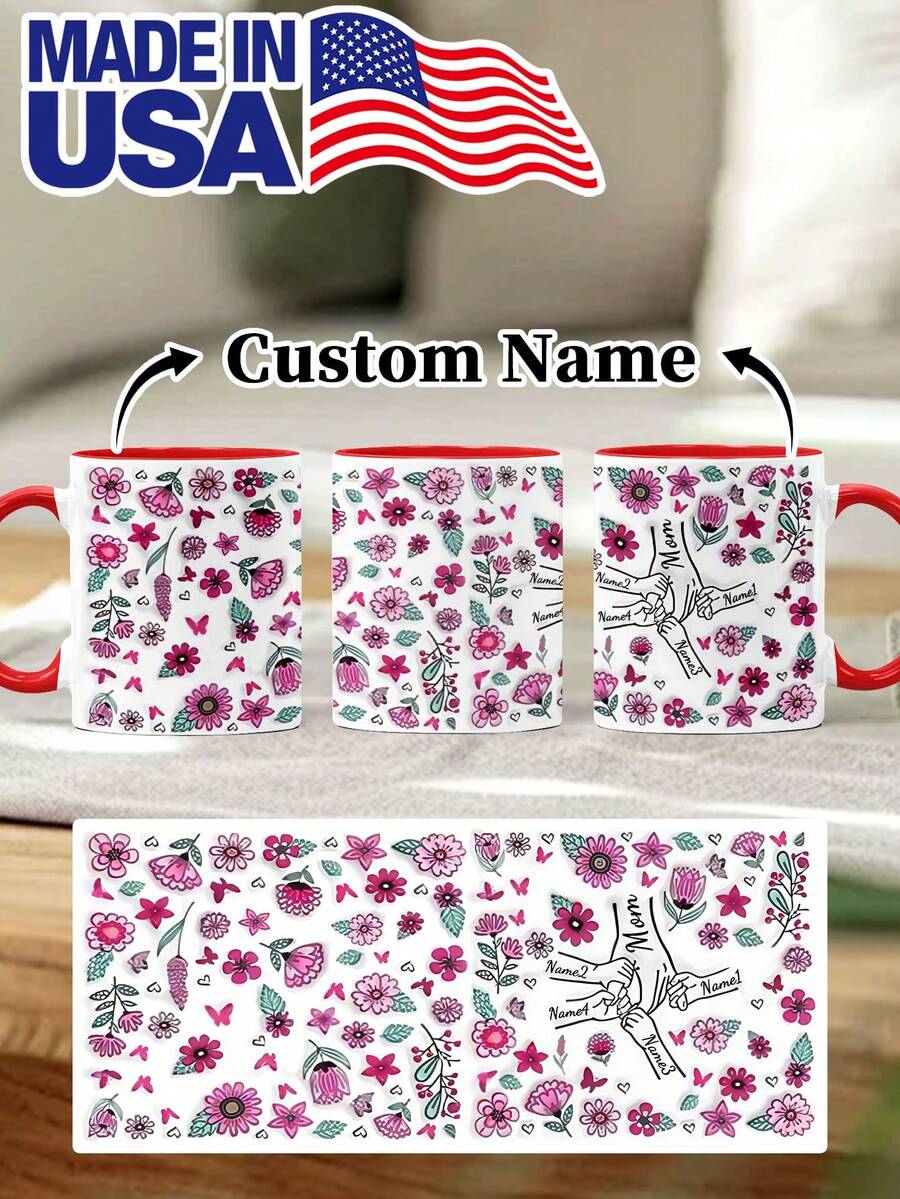 1pc 11oz/15oz Custom Mother's Day Name Mug, Personalized Coffee Cup With Printed Name. The Wrap-Around Pattern On The Mug Can Be Customized With Up To 8 Children Holding Their Mother's Hand. This Mother-Themed Mug With Floral Elements Is An Ideal Gift For Mom And A Unique, Thoughtful Present - 款式3 - 查看 1