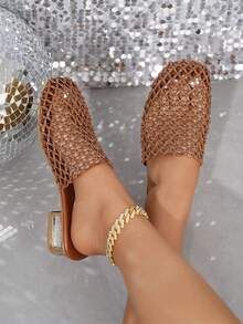 planare Nuevas sandalias de tacón grueso de tela tejida minimalista de moda para mujer en color marrón - Marrón - Ver 4