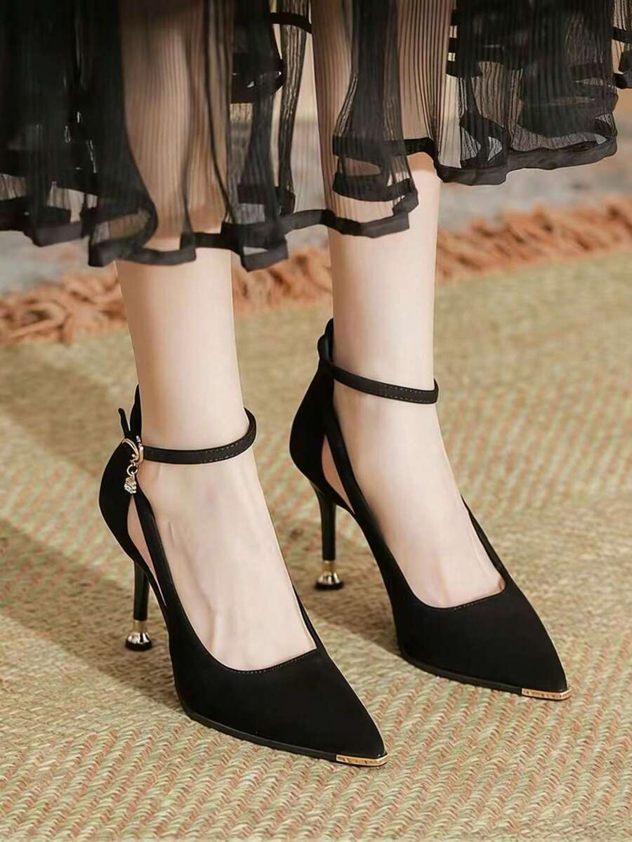 Sexy French Pointed Toe Stiletto Heel Hollow Out Strap High Heels, Metal Anti-Kick Commuting Elegant Shoes For Women - Black - View 1