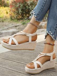 Giày sandal đế xuồng cho thanh thiếu niên, sandal cao gót hở mũi, sandal thời trang đa năng phù hợp cho kỳ nghỉ. - Màu be - Xem 6